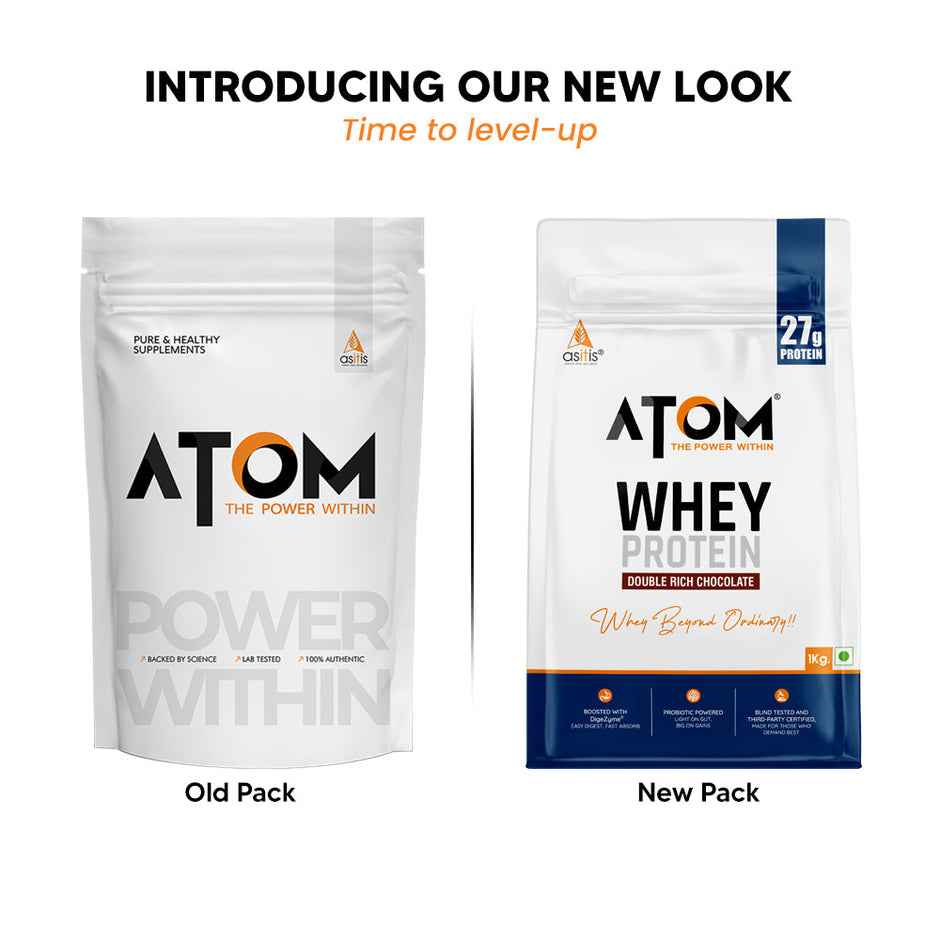 AS-IT-IS ATOM Whey Protein 1 Kg | 27g protein | Isolate & Concentrate | USA Labdoor Certified | With Digestive Enzymes for better absorption