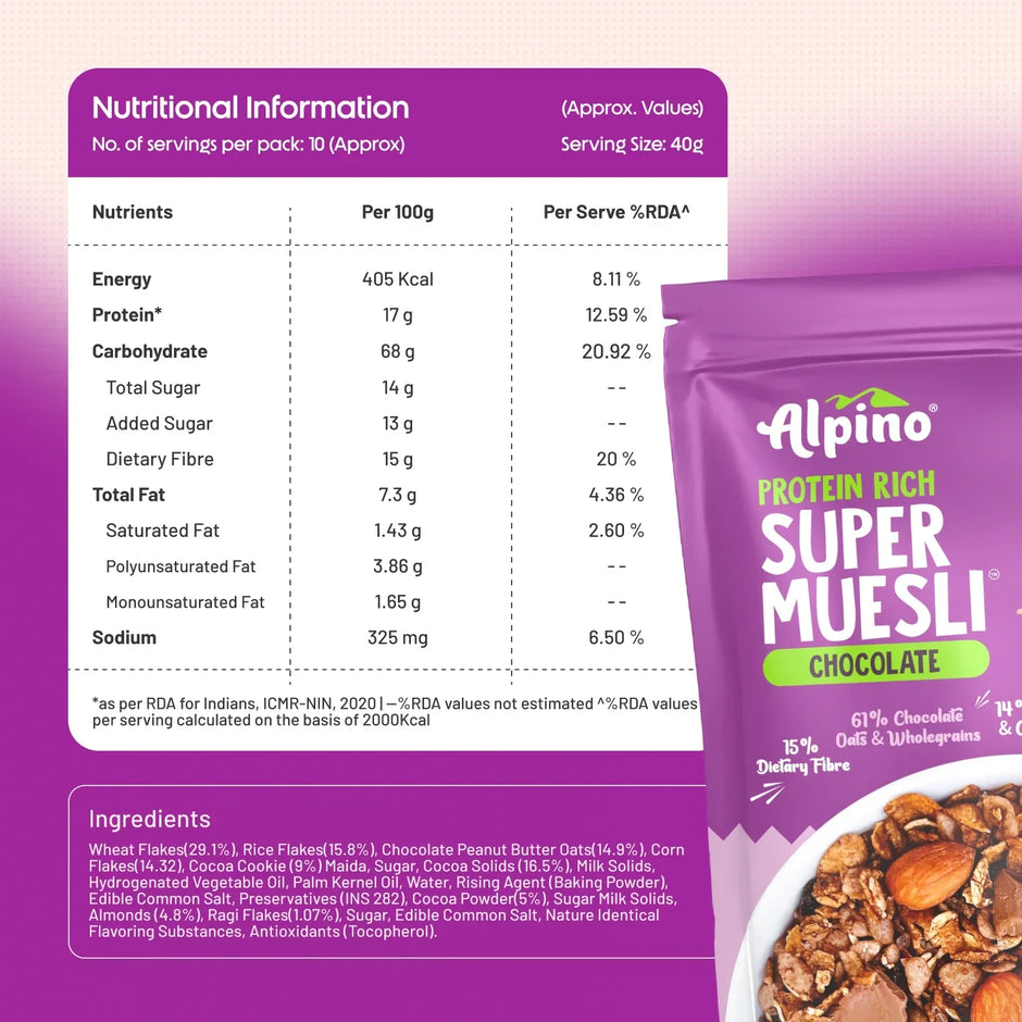 Alpino Protein Rich Super Muesli (Whole Grain Breakfast Cereal) - 400 gm