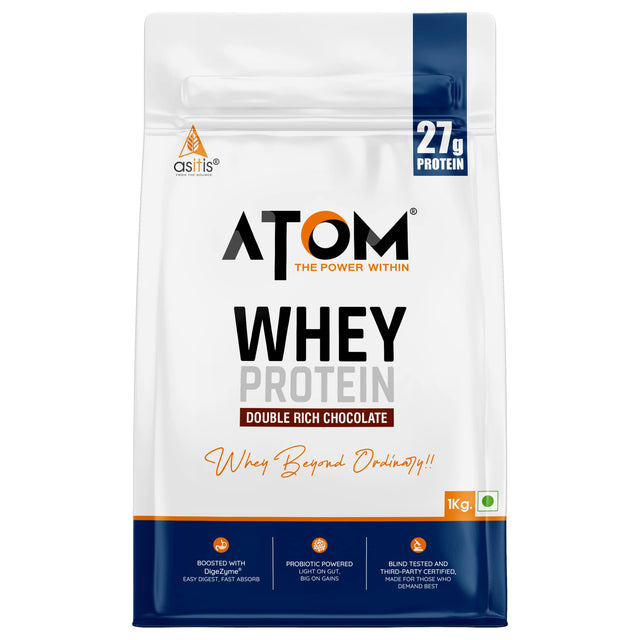AS-IT-IS ATOM Whey Protein 1 Kg | 27g protein | Isolate & Concentrate | USA Labdoor Certified | With Digestive Enzymes for better absorption