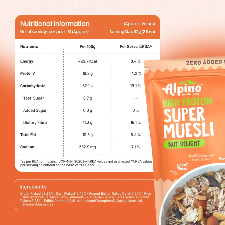 Alpino Protein Rich Super Muesli (Whole Grain Breakfast Cereal) - 750 gm
