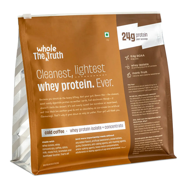 The Whole Truth Whey Protein Isolate+Concentrate | Cold Coffee 2 kg | 24g Protein per scoop | 6.4g BCAA | 100% Authentic Whey & No Adulteration | Clean, Light & Easy to Digest | Vegetarian