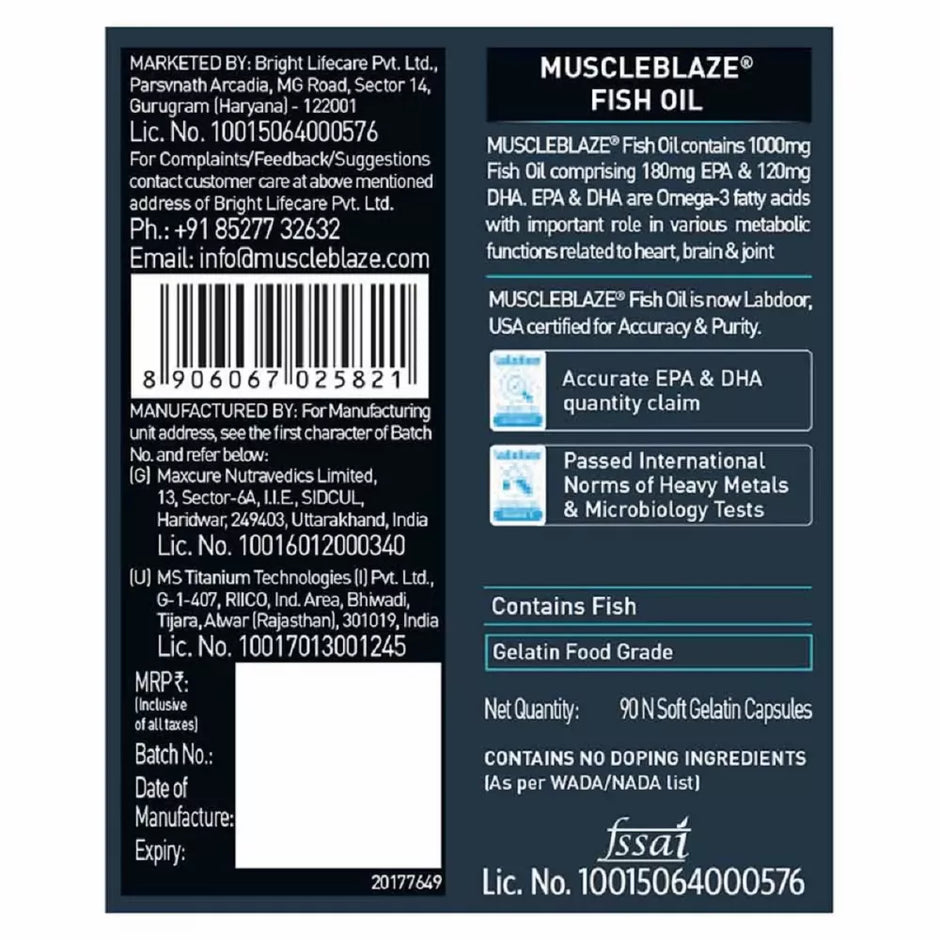MuscleBlaze Omega 3 Fish Oil (1000 mg) with 180mg EPA and 120mg DHA, 90 capsules