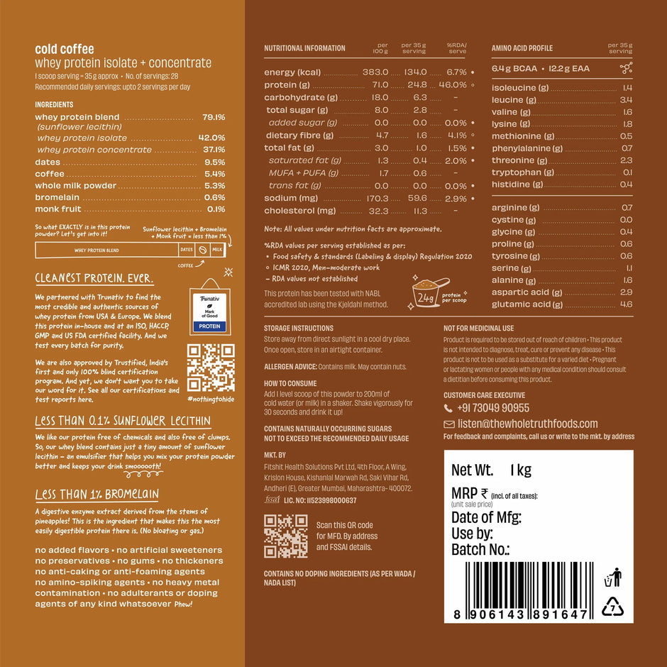 The Whole Truth Whey Protein Isolate+Concentrate | Cold Coffee 2 kg | 24g Protein per scoop | 6.4g BCAA | 100% Authentic Whey & No Adulteration | Clean, Light & Easy to Digest | Vegetarian