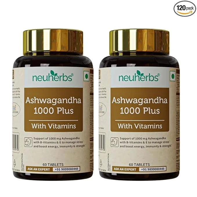 Neuherbs Ashwagandha 1000mg Tablets with Vitamins B6, B9, B12 & E | 120 Tablets (Pack of2))