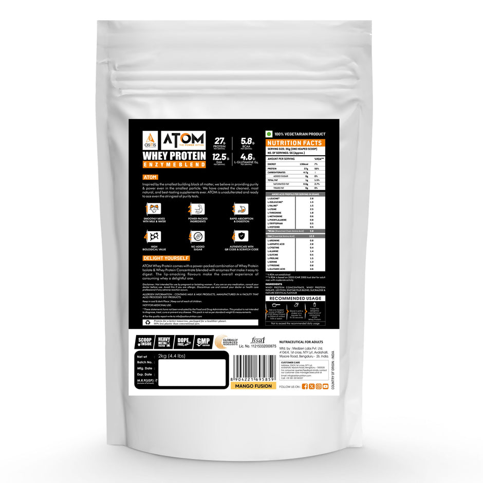 AS-IT-IS ATOM Whey Protein 2 Kg | 27g protein | Isolate & Concentrate | USA Labdoor Certified | With Digestive Enzymes for better absorption