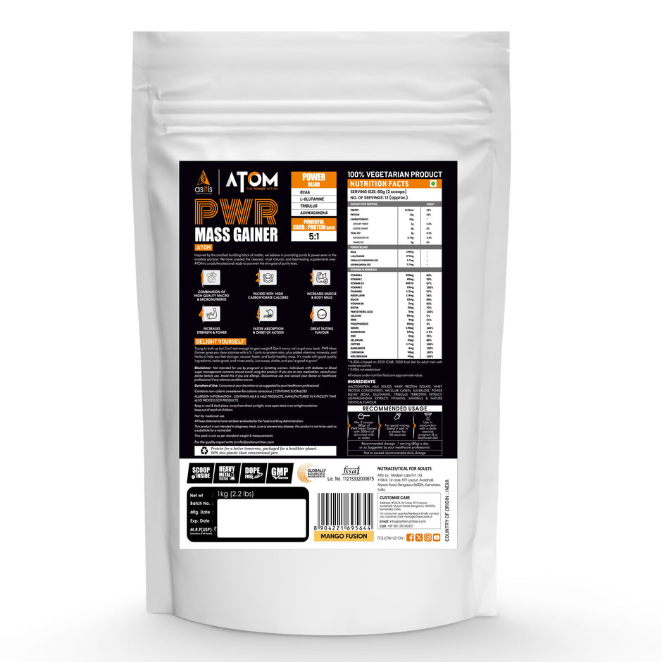 AS-IT-IS ATOM Mass Gainer 1 Kg, 19 servings | 5:1 Carb-Protein Ratio | Powered with BCAA, L-Glutamine, Tribulus, Ashwagandha