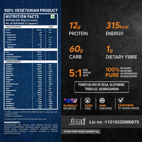 AS-IT-IS ATOM Mass Gainer 1 Kg, 19 servings | 5:1 Carb-Protein Ratio | Powered with BCAA, L-Glutamine, Tribulus, Ashwagandha