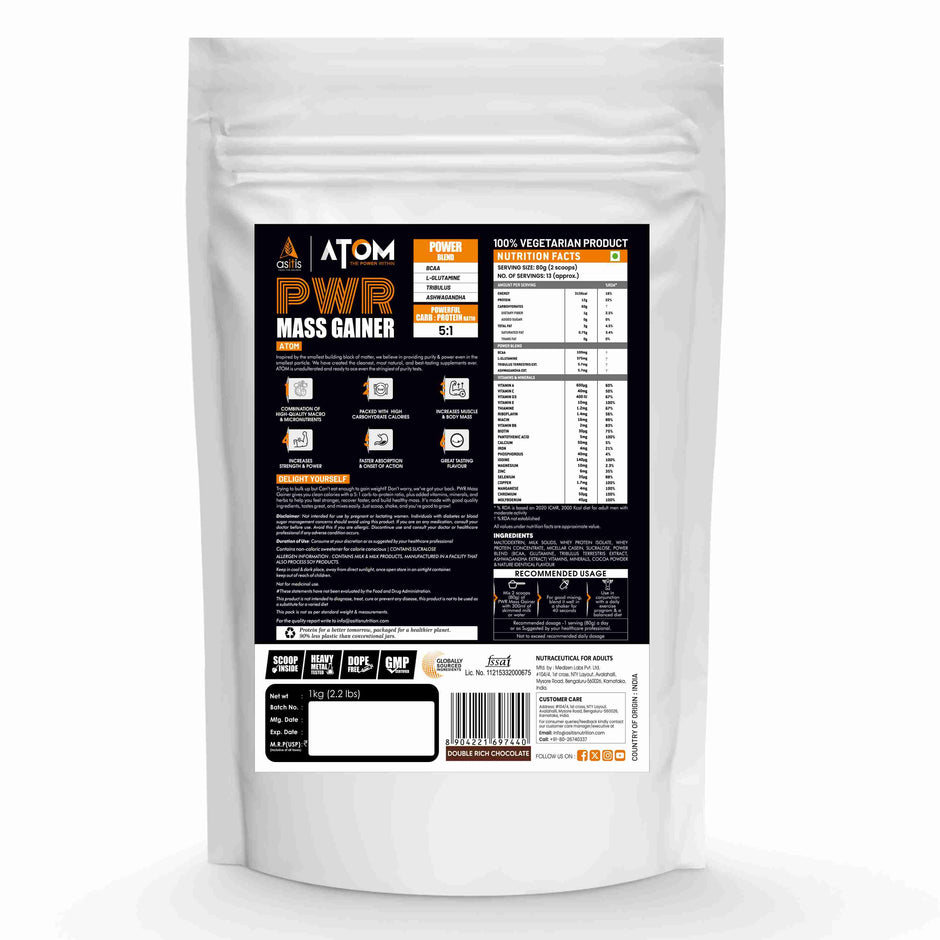 AS-IT-IS ATOM Mass Gainer 1 Kg, 19 servings | 5:1 Carb-Protein Ratio | Powered with BCAA, L-Glutamine, Tribulus, Ashwagandha