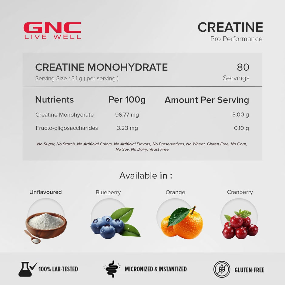GNC Pro Performance Creatine Monohydrate - 3000mg Creatine Per Scoop | Micronized for Faster Absorption | Boosts Energy, Muscle Volume & Performance | Gluten-Free | Blueberry | 250gm