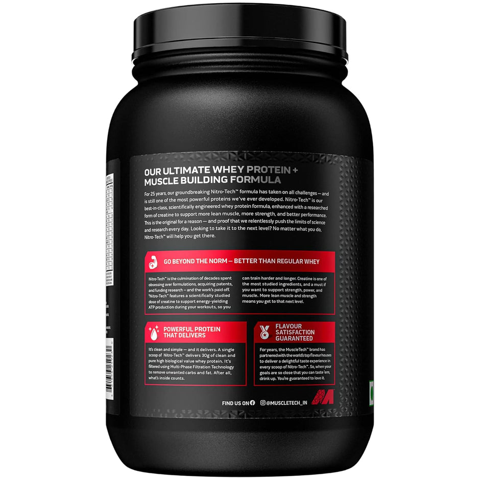 Muscletech Nitrotech Whey Protien Powder Ultimate Muscle Building Formula for Muscle Support & Recovery (30g Protein, 3g Creatine Monohydrate & 6.8g BCCA's) Vegetarian -907g