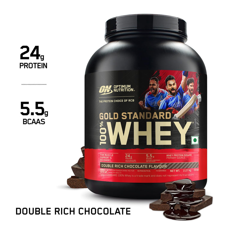 Optimum NCrition (ON) Gold Standard 100% Whey Protein Powder 5 lbs, 2.27 kgs (Double Rich Chocolate), for Muscle Support & Recovery, Vegetarian - Primary Source Whey Isolate