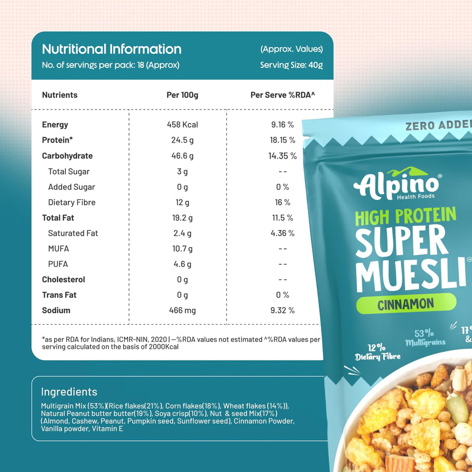 Alpino Protein Rich Super Muesli (Whole Grain Breakfast Cereal) - 750 gm