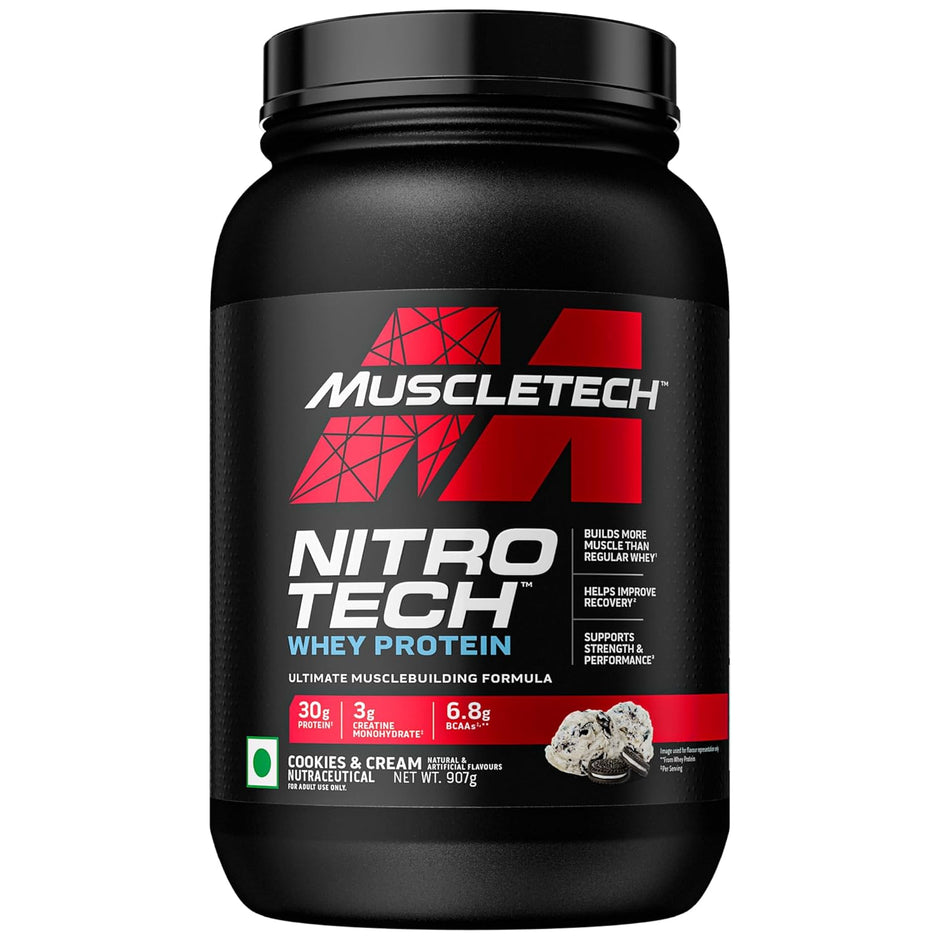 Muscletech Nitrotech Whey Protien Powder Ultimate Muscle Building Formula for Muscle Support & Recovery (30g Protein, 3g Creatine Monohydrate & 6.8g BCCA's) Vegetarian -907g