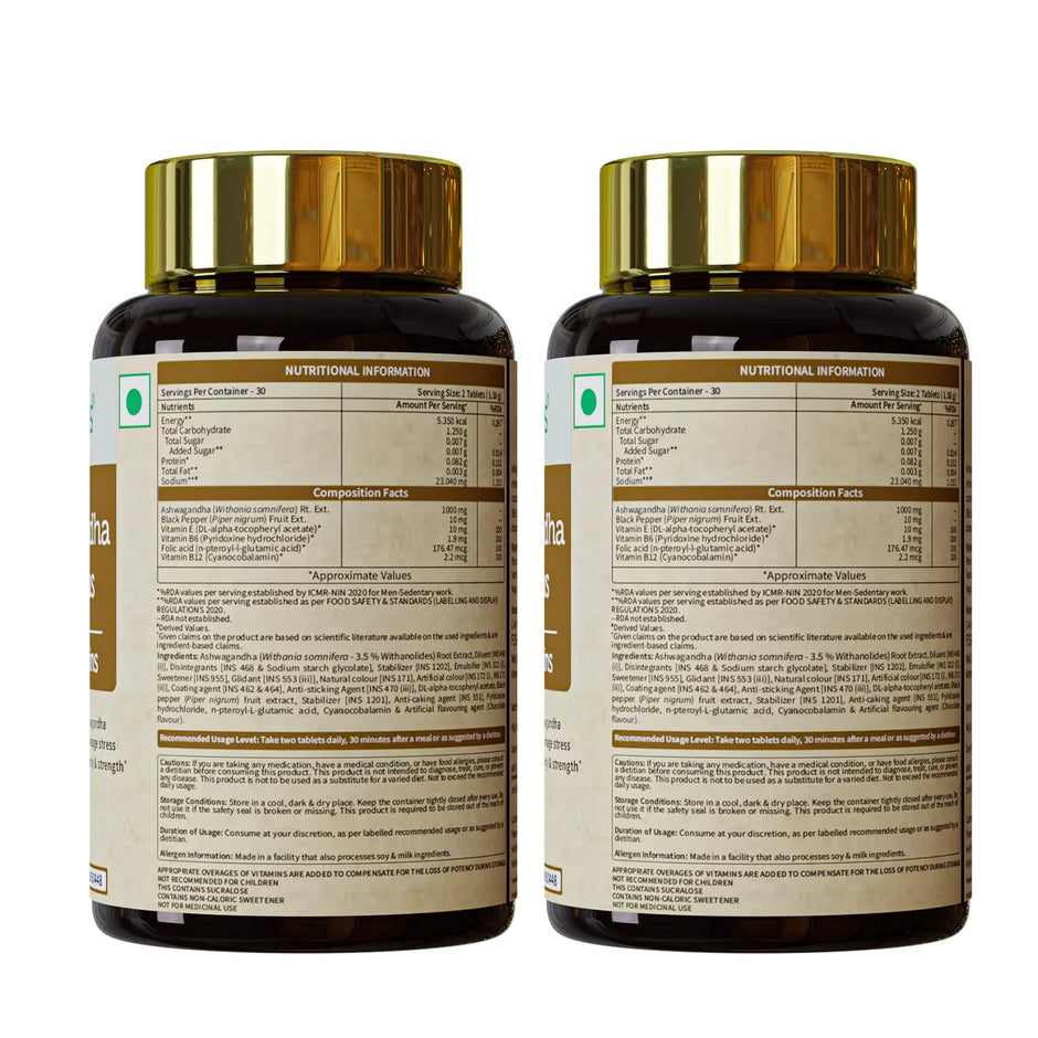 Neuherbs Ashwagandha 1000mg Tablets with Vitamins B6, B9, B12 & E | 120 Tablets (Pack of2))