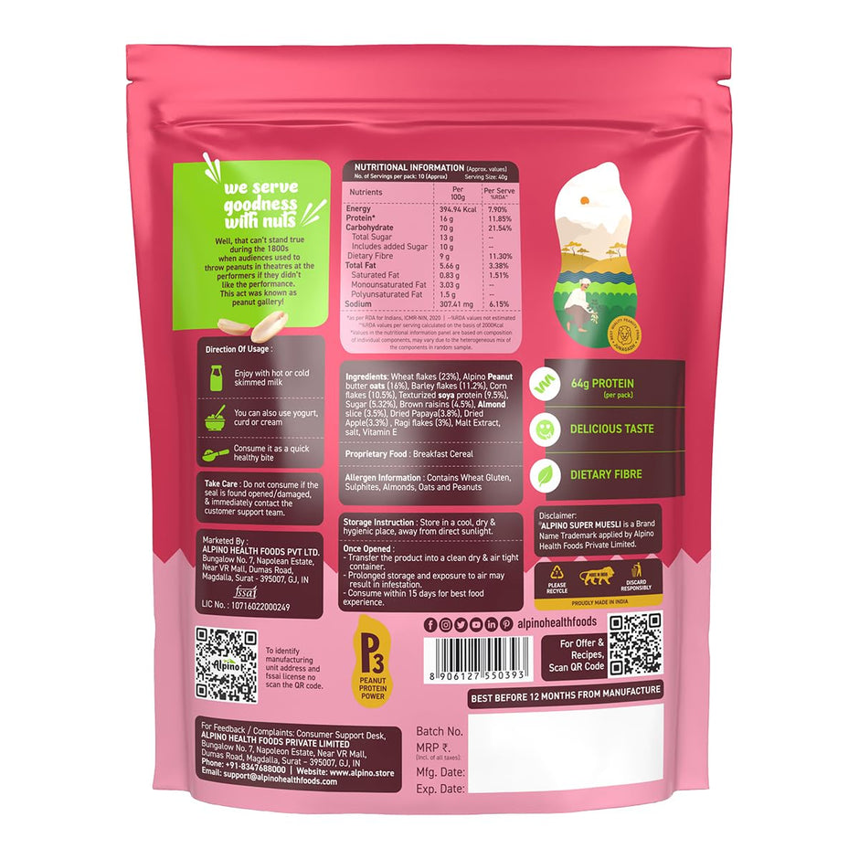 Alpino Protein Rich Super Muesli (Whole Grain Breakfast Cereal) - 400 gm