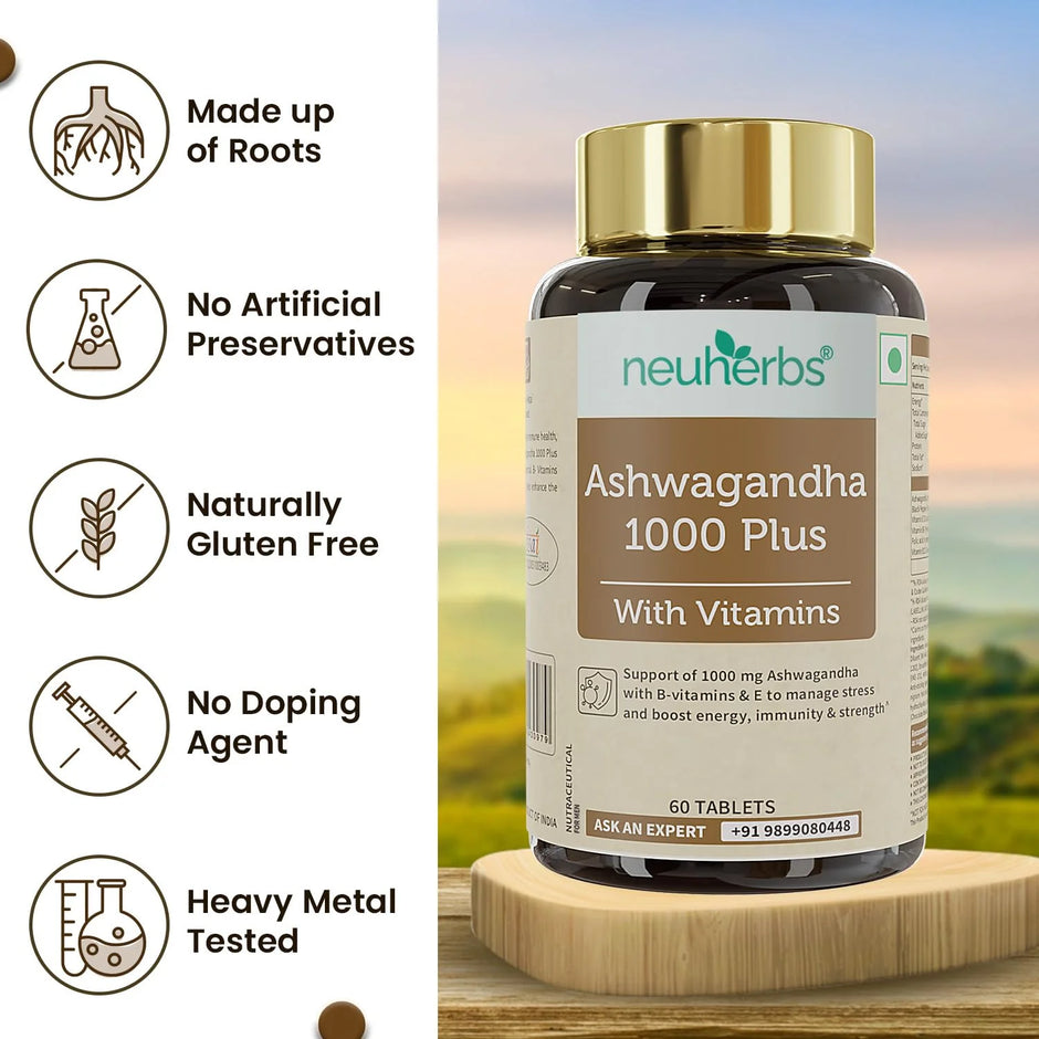 Neuherbs Ashwagandha 1000mg Tablets with Vitamins B6, B9, B12 & E | 120 Tablets (Pack of2))