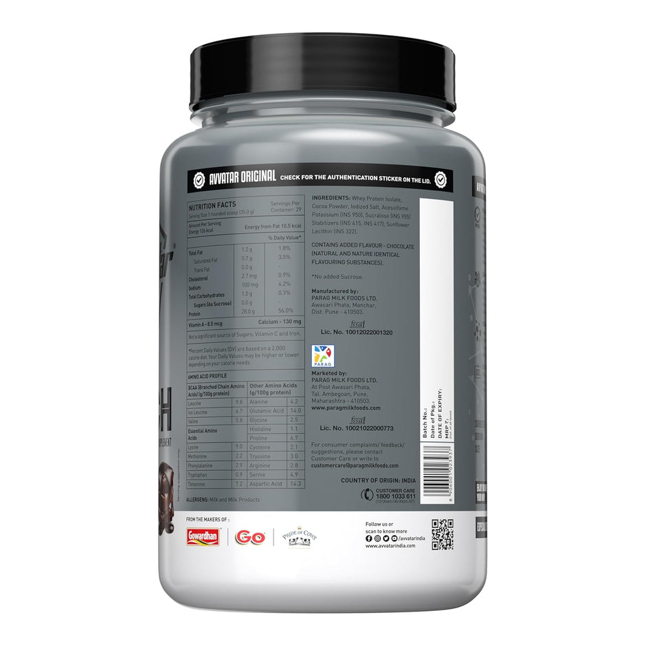 Avvatar ISORICH WHEY PROTEIN | 1Kg | 28.5g Protein | 29 Servings | Isolate