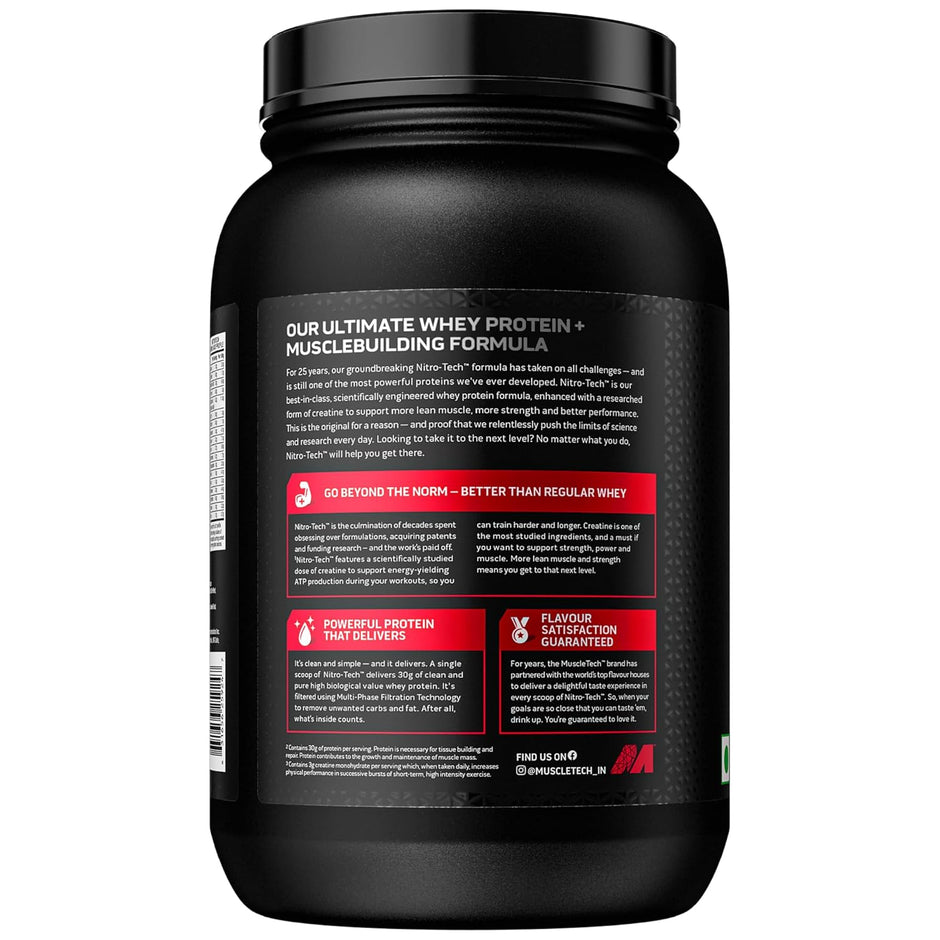 Muscletech Nitrotech Whey Protien Powder Ultimate Muscle Building Formula for Muscle Support & Recovery (30g Protein, 3g Creatine Monohydrate & 6.8g BCCA's) Vegetarian -907g