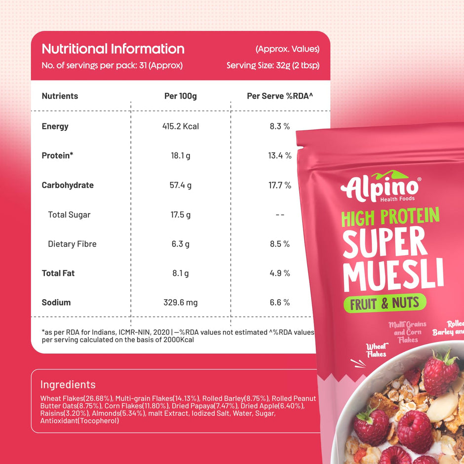 Alpino Protein Rich Super Muesli (Whole Grain Breakfast Cereal) - 750 gm