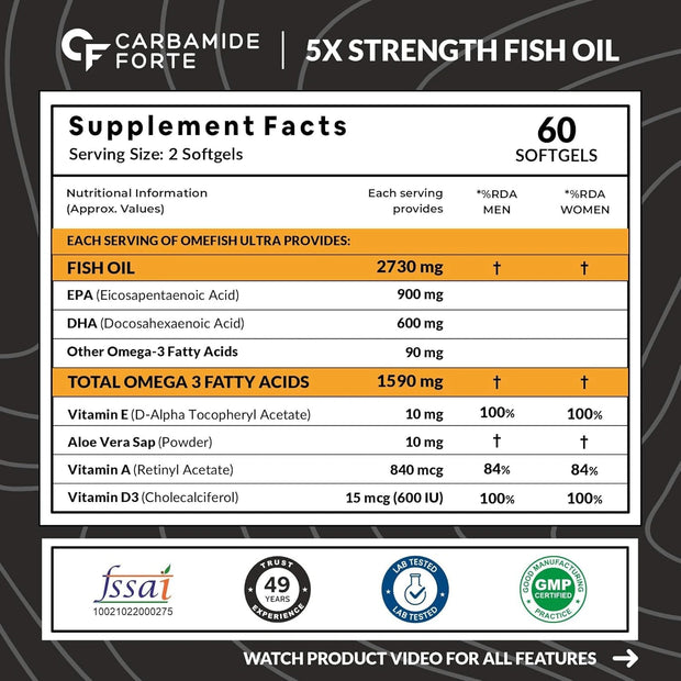 Carbamide Forte Omega 3 Fish Oil Capsules 2730mg with Aloe Vera | 60 Softgels | pack of 2