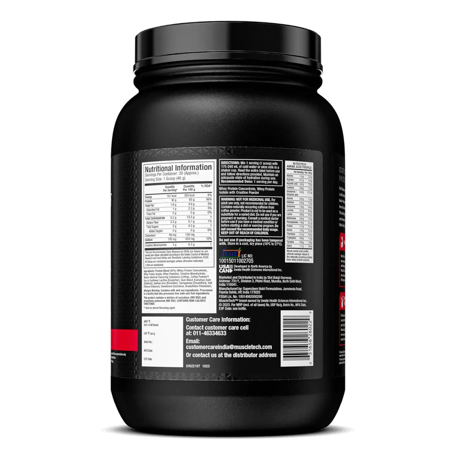 Muscletech Nitrotech Whey Protien Powder Ultimate Muscle Building Formula for Muscle Support & Recovery (30g Protein, 3g Creatine Monohydrate & 6.8g BCCA's) Vegetarian -907g