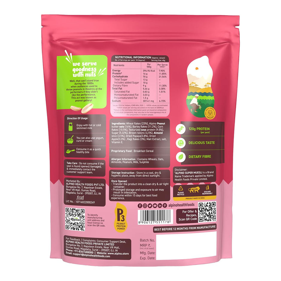 Alpino Protein Rich Super Muesli (Whole Grain Breakfast Cereal) - 750 gm
