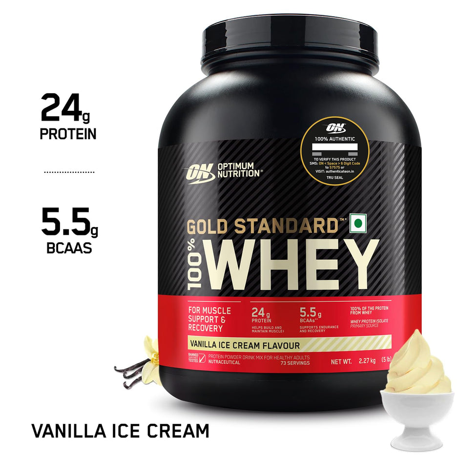Optimum NCrition (ON) Gold Standard 100% Whey Protein Powder 5 lbs, 2.27 kgs (Double Rich Chocolate), for Muscle Support & Recovery, Vegetarian - Primary Source Whey Isolate