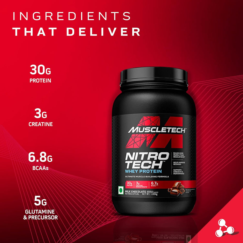 Muscletech Nitrotech Whey Protien Powder Ultimate Muscle Building Formula for Muscle Support & Recovery (30g Protein, 3g Creatine Monohydrate & 6.8g BCCA's) Vegetarian -907g