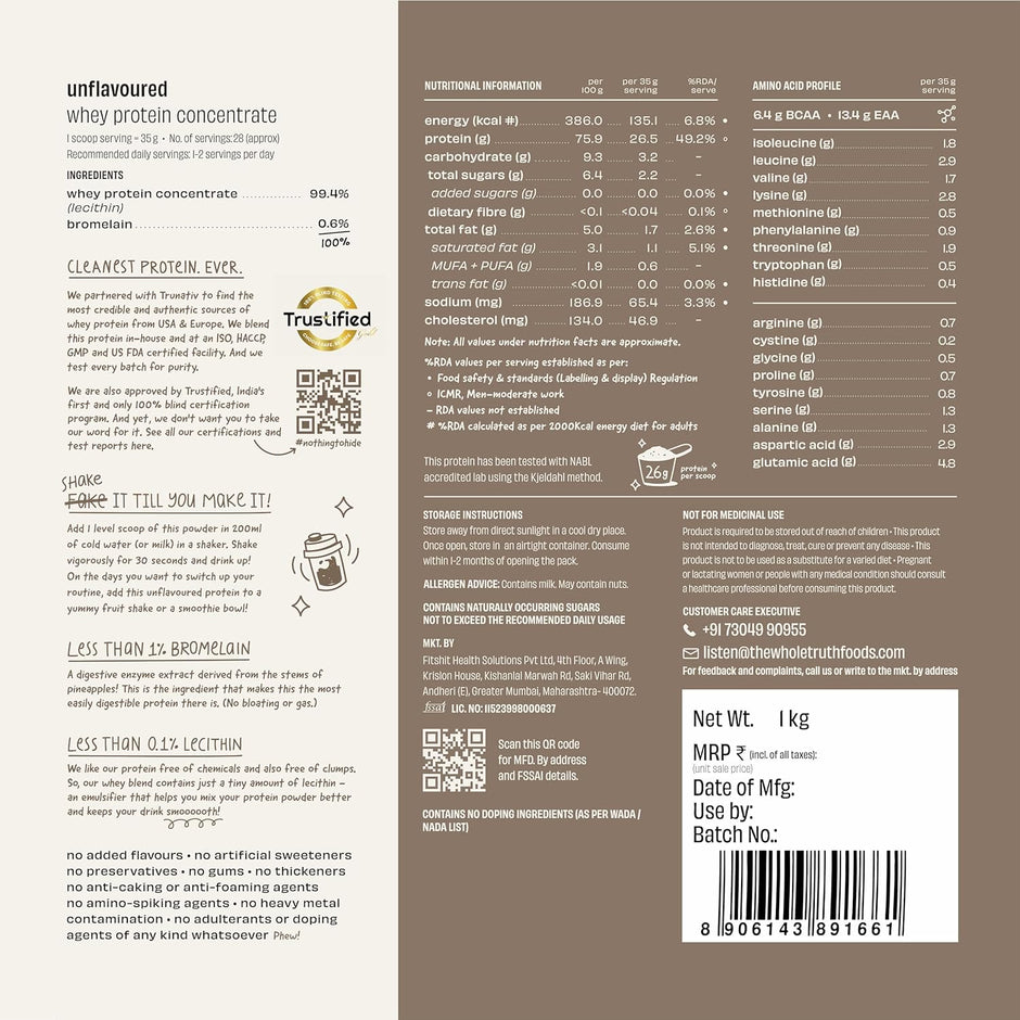 The Whole Truth 26g Whey Protein Concentrate - 1 Kg