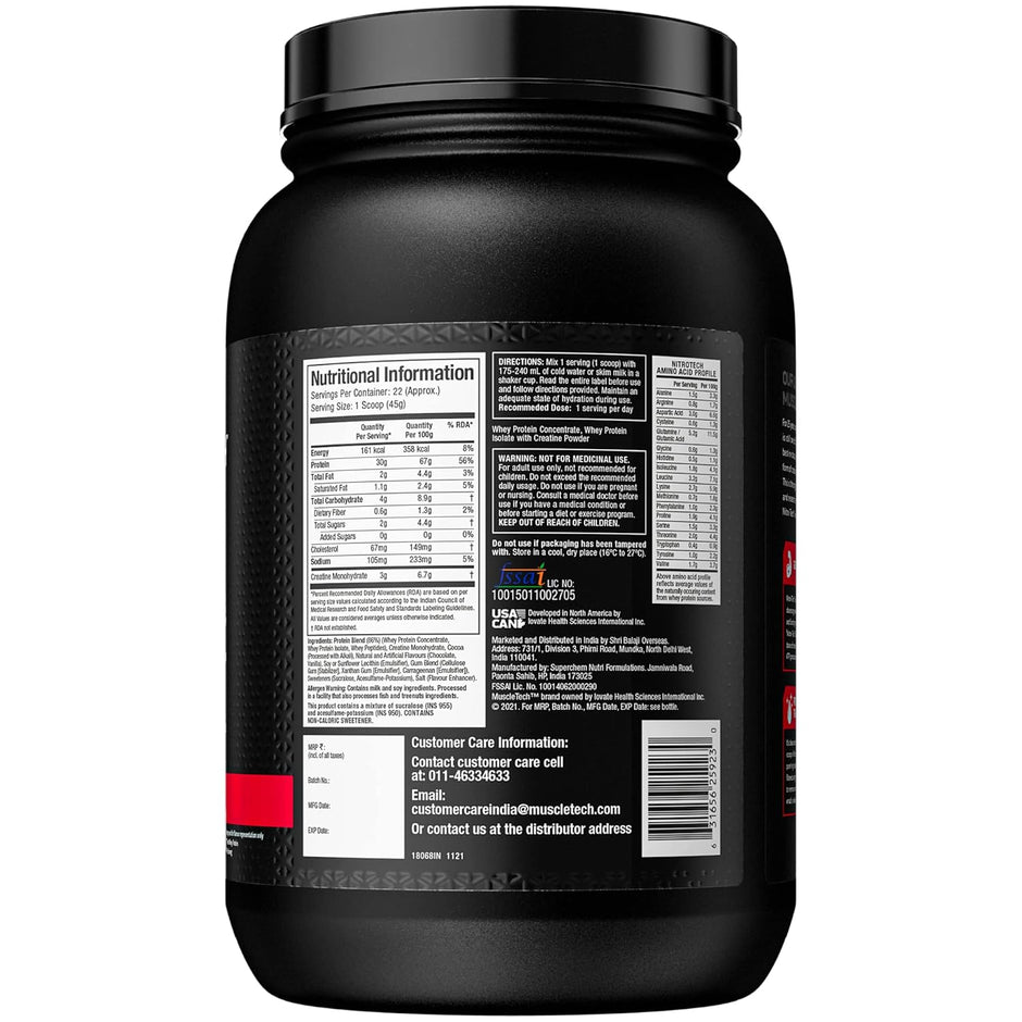 Muscletech Nitrotech Whey Protien Powder Ultimate Muscle Building Formula for Muscle Support & Recovery (30g Protein, 3g Creatine Monohydrate & 6.8g BCCA's) Vegetarian -907g