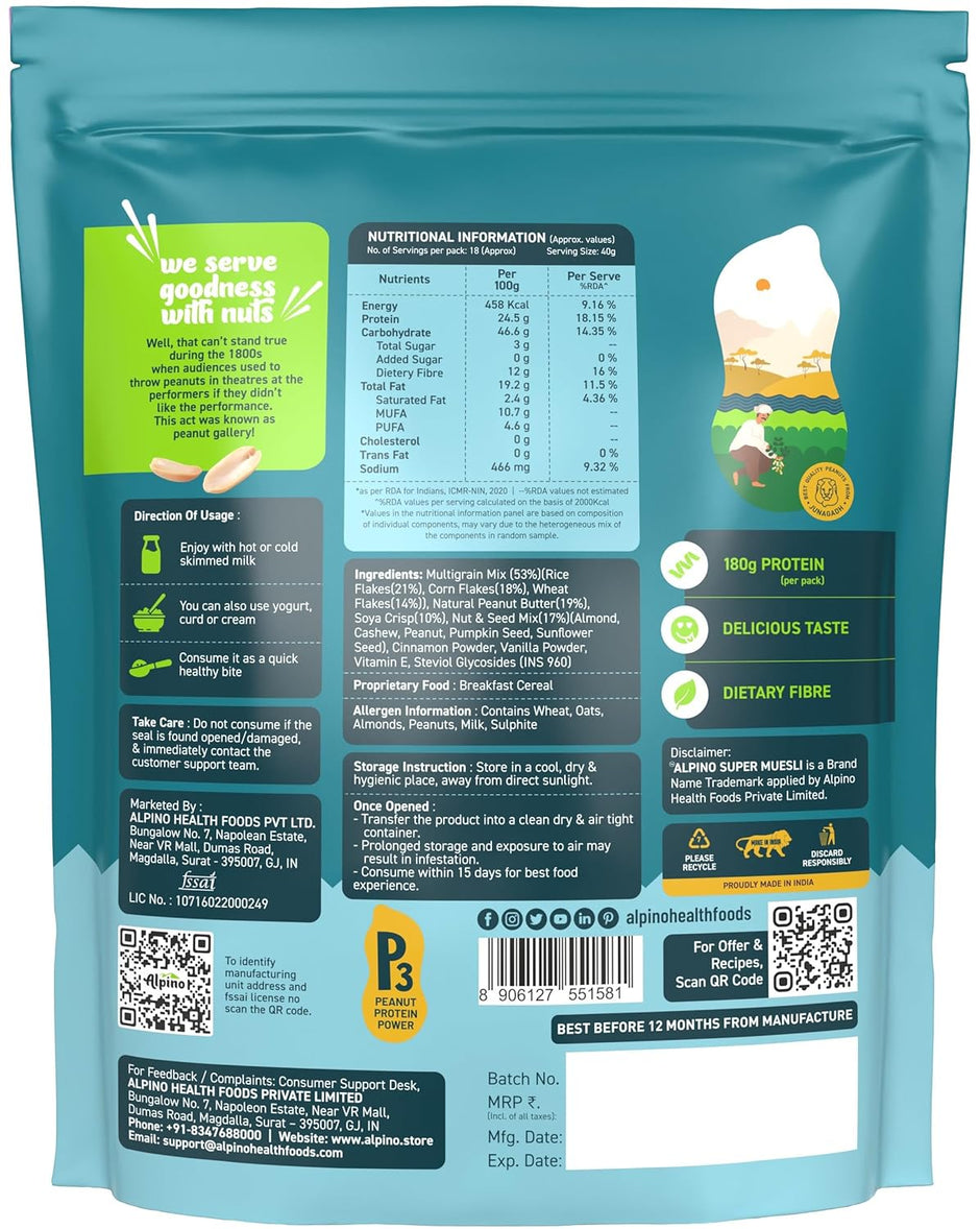 Alpino Protein Rich Super Muesli (Whole Grain Breakfast Cereal) - 750 gm