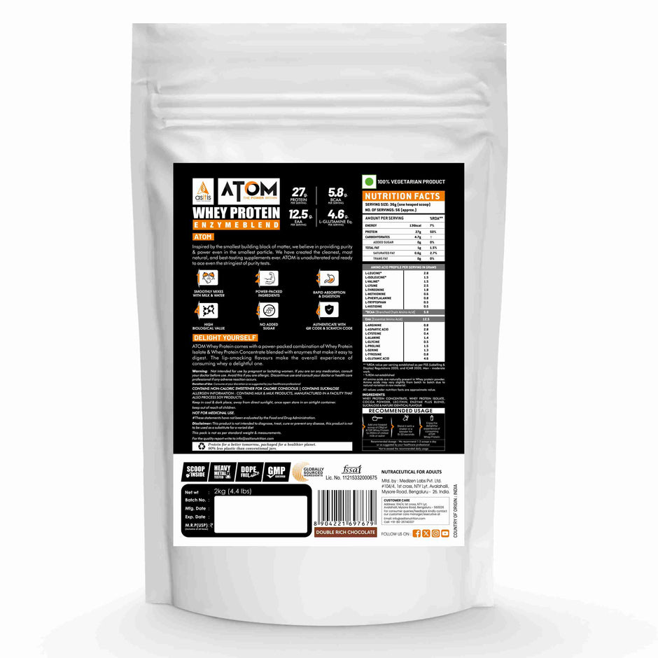 AS-IT-IS ATOM Whey Protein 2 Kg | 27g protein | Isolate & Concentrate | USA Labdoor Certified | With Digestive Enzymes for better absorption