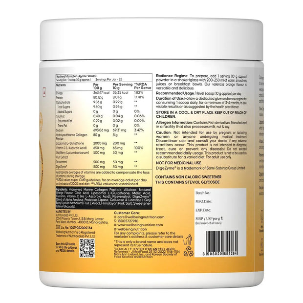 Glow Korean Marine Collagen Powder with Glutathione & Vitamin C | Valencia Orange Flavour | 250g