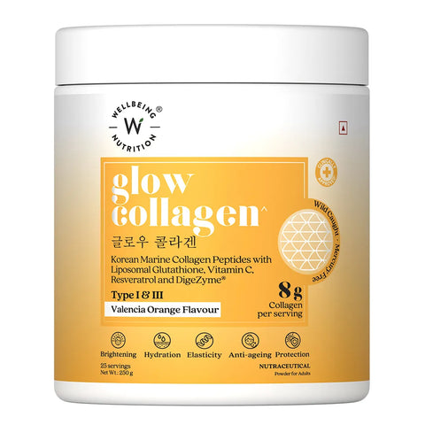 Glow Korean Marine Collagen Powder with Glutathione & Vitamin C | Valencia Orange Flavour | 250g