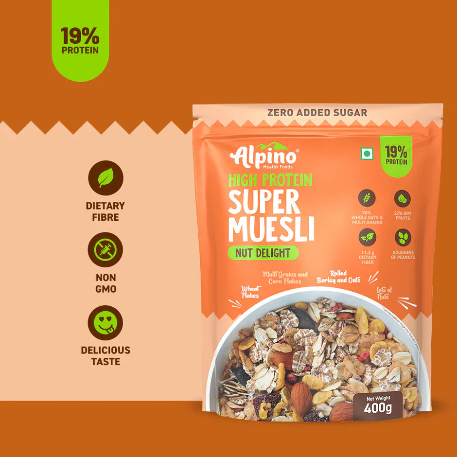 Alpino Protein Rich Super Muesli (Whole Grain Breakfast Cereal) - 400 gm
