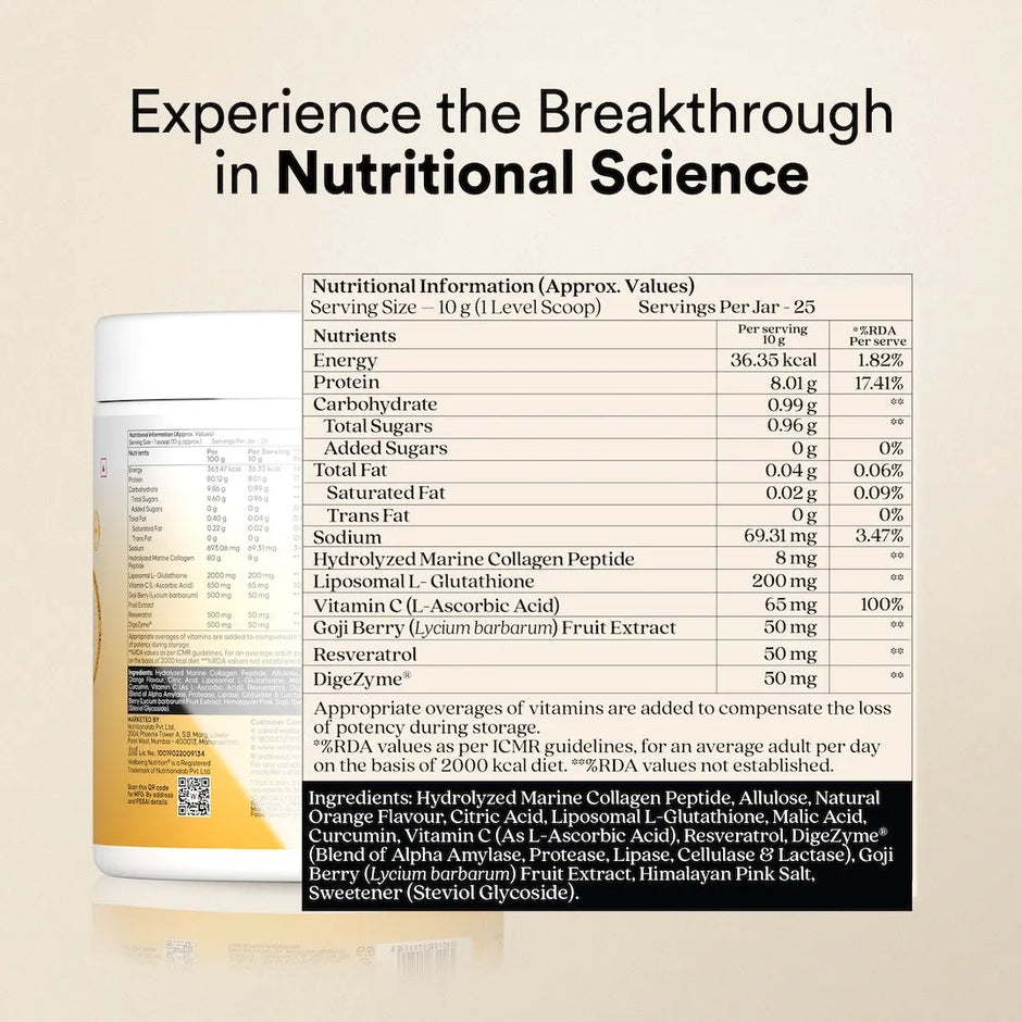 Glow Korean Marine Collagen Powder with Glutathione & Vitamin C | Valencia Orange Flavour | 250g