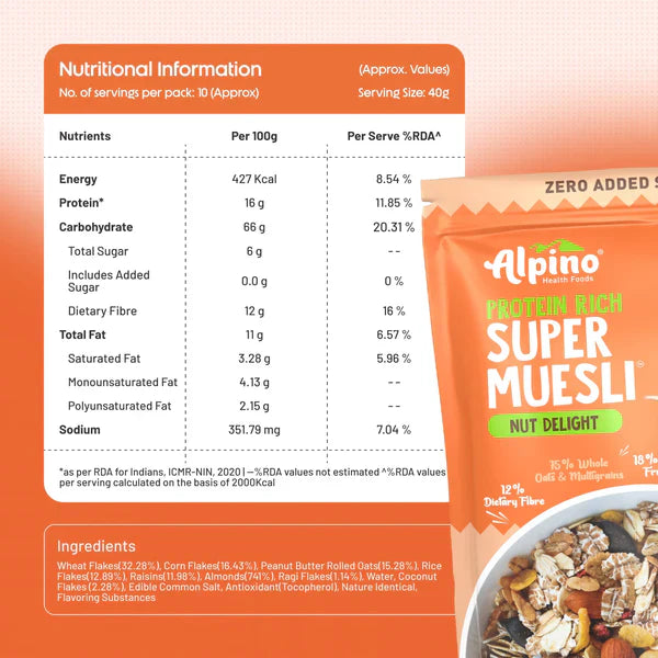 Alpino Protein Rich Super Muesli (Whole Grain Breakfast Cereal) - 400 gm