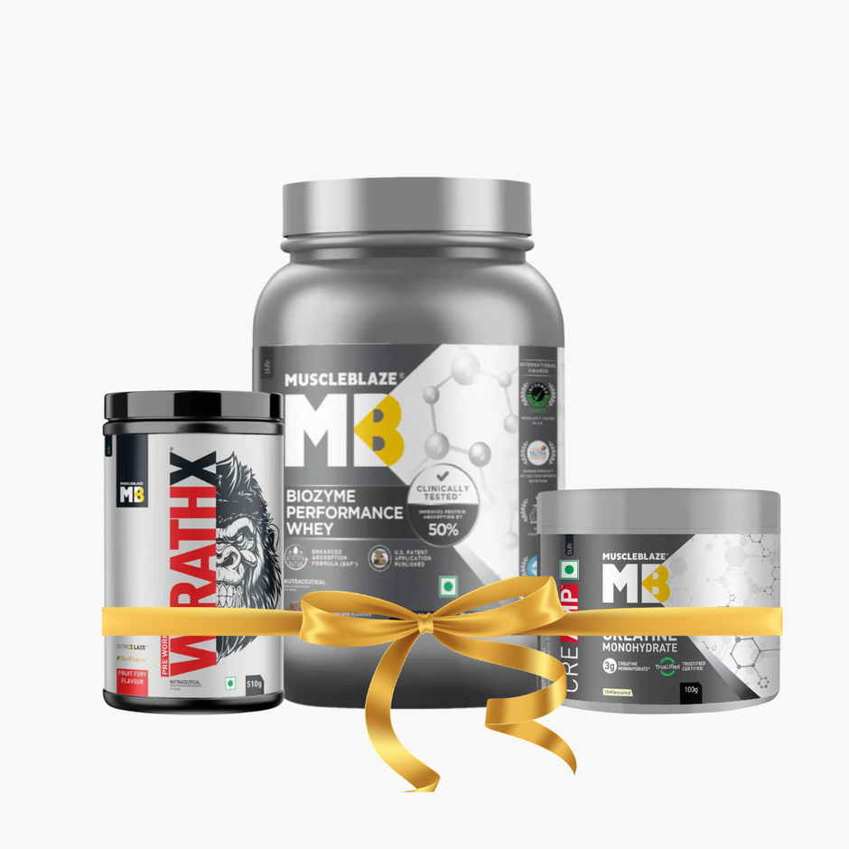 MuscleBlaze Pre Workout WrathX - [20 Servings] + MuscleBlaze Creatine Monohydrate CreAMP [100gm] + MuscleBlaze Biozyme Performance Whey [2.2 Lbs]