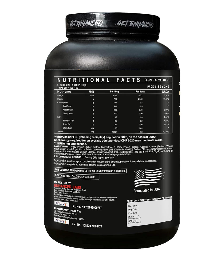 Enhanced Labs Premium Whey Protein 2kg | 24g Protein Per Scoop | 60 Servings | Digestive Enzymes