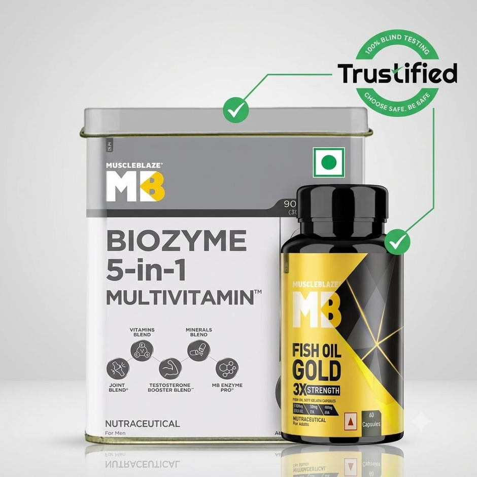MuscleBlaze Biozyme Multivitamin & Omega 3 Fish Oil Gold 1250mg | Triple Strength Combo