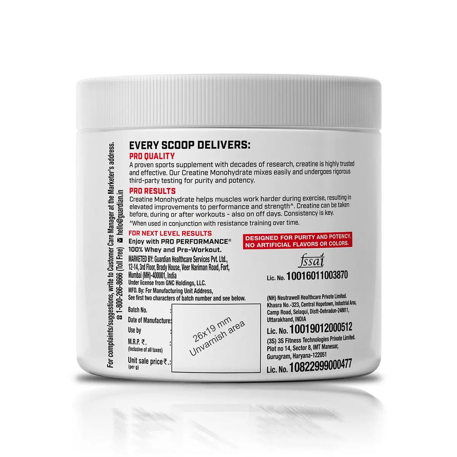 GNC Pro Performance Creatine Monohydrate - 3000mg Creatine Per Scoop | Micronized for Faster Absorption | Boosts Energy, Muscle Volume & Performance | Gluten-Free | Blueberry | 250gm