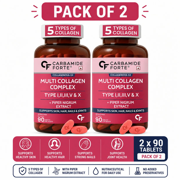 Carbamide Forte Multi Collagen Tablets with Hydrolyzed Peptides Type I, II, III, V & X | Pack of 2