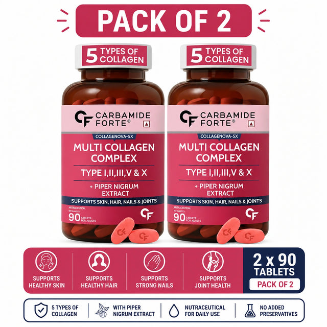 Carbamide Forte Multi Collagen Tablets with Hydrolyzed Peptides Type I, II, III, V & X | Pack of 2