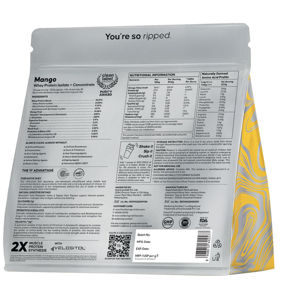 Wellbeing Nutrition Whey Protein Isolate + Concentrate 24g | 1kg