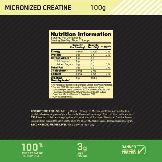 Optimum Nutrition Micronized Creatine Powder | 100g |33 Servings