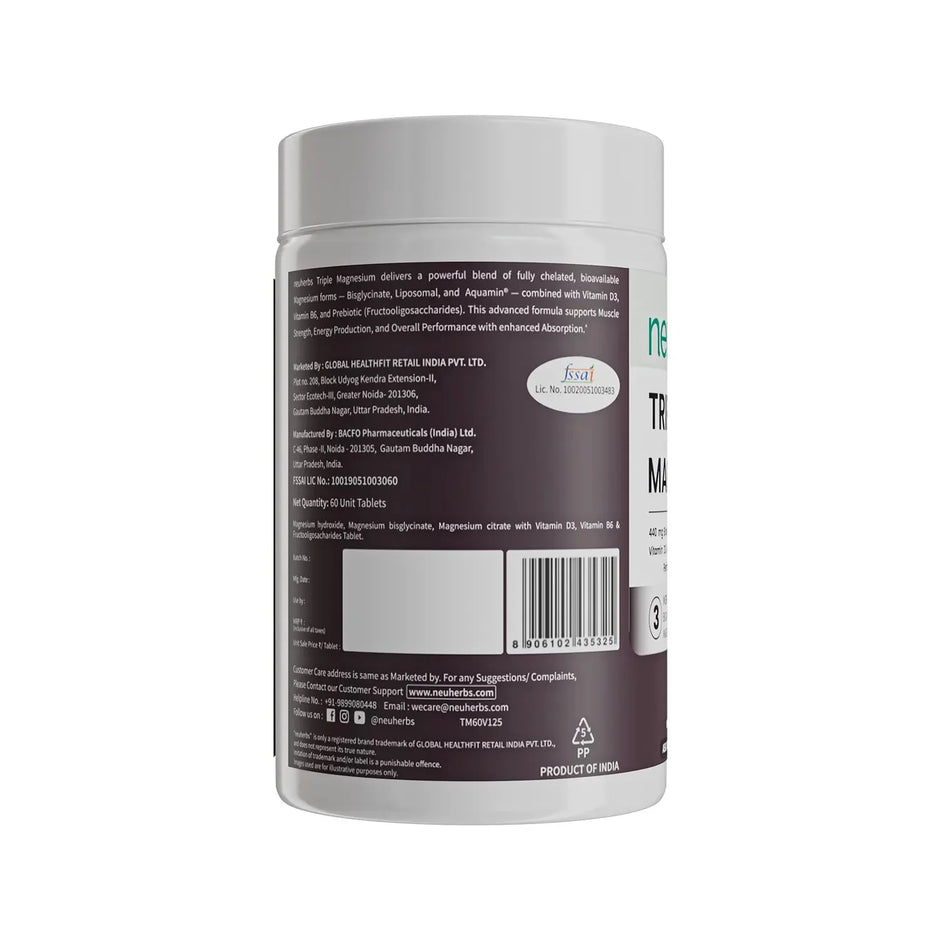 Neuherbs Triple Magnesium with Vitamin B6 and D3 | 60 Tablets